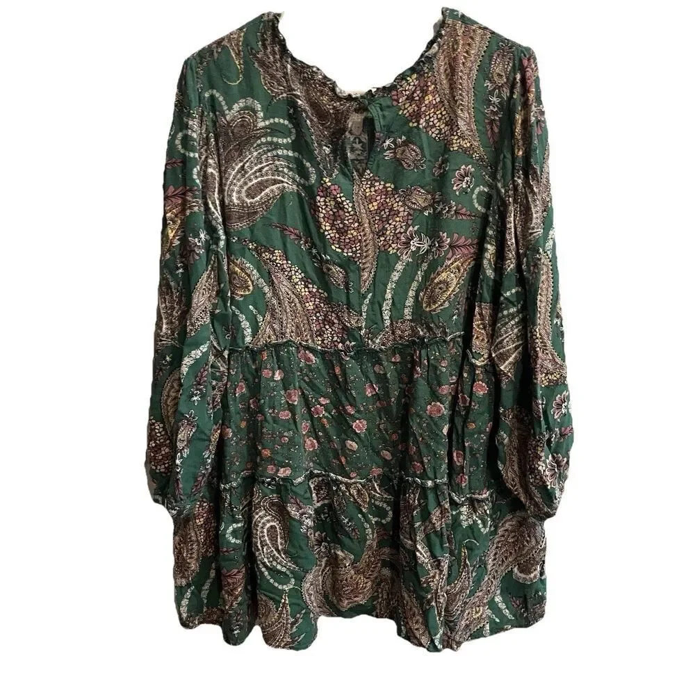 Wonderly Green Floral Women's Paisley Tiered Boho Top Sz 2X Tunic Dress Prairie